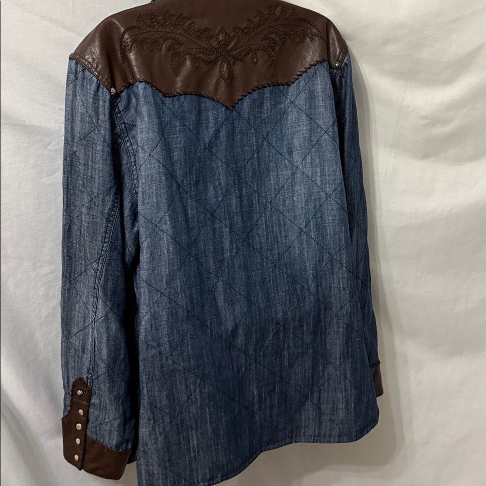 Double D Ranch Denim Switchback Shirt Jacket Leather Trim Pearl Snaps Size 2X - Picture 7 of 12
